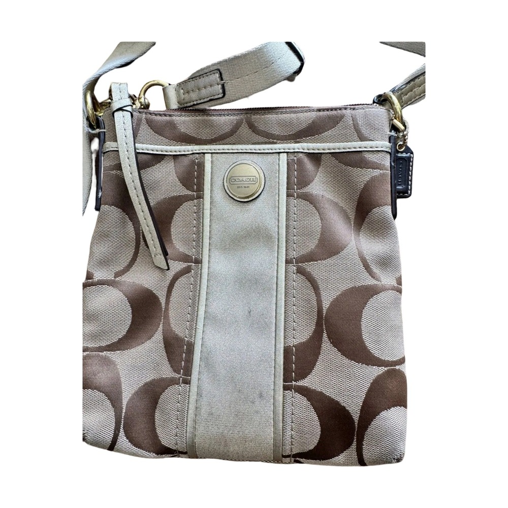 Coach Signature Jacquard Crossbody‎ Bag Khaki Brown Metallic Stripe Small Purse